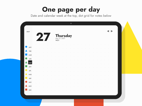 One page per day: Date and calendar week at the top, dot grid for notes below