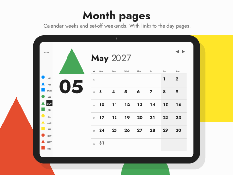 Month pages: Calendar weeks and set-off weekends. With links to the day pages.