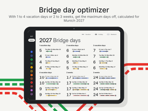 Bridge day optimizer: With 1 to 4 vacation days or 2 to 3 weeks, get the maximum days off, calculated for Munich 2027
