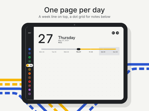 One page per day: A week line on top, a dot grid for notes below