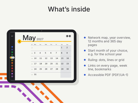 What’s inside: Network map, year overview, 12 months and 365 day pages; Start month of your choice, e.g. for the school year; Ruling: dots, lines or grid; Links on every page, week line, bookmarks; Accessible PDF (PDF/UA-1)