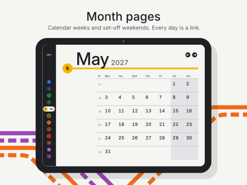 Month pages: Calendar weeks and set-off weekends. Every day is a link.
