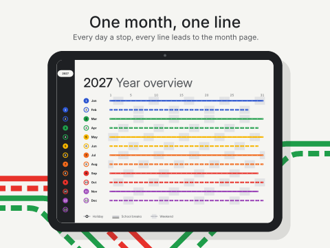 One month, one line: Every day a stop, every line leads to the month page.