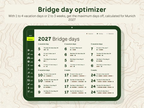 Bridge day optimizer: With 1 to 4 vacation days or 2 to 3 weeks, get the maximum days off, calculated for Munich 2027