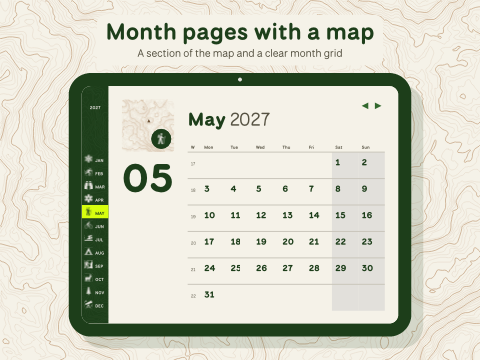 Month pages with a map: A section of the map and a clear month grid