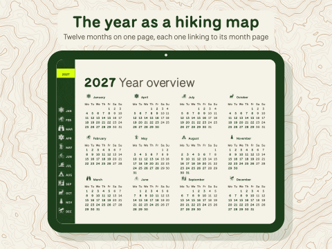 The year as a hiking map: Twelve months on one page, each one linking to its month page
