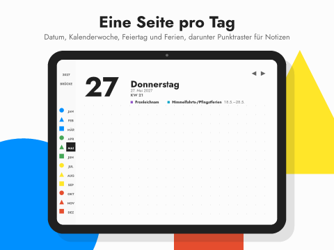 Eine Seite pro Tag: Datum, Kalenderwoche, Feiertag und Ferien, darunter Punktraster für Notizen