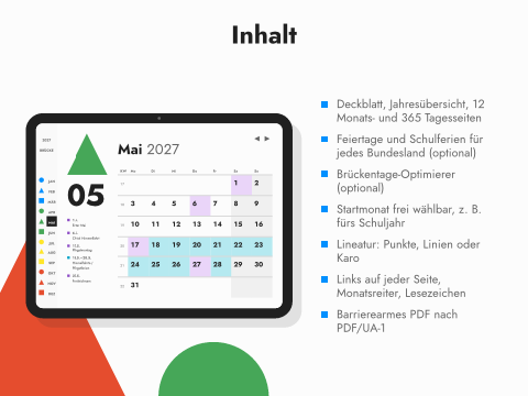 Inhalt: Deckblatt, Jahresübersicht, 12 Monats- und 365 Tagesseiten; Feiertage und Schulferien für jedes Bundesland (optional); Brückentage-Optimierer (optional); Startmonat frei wählbar, z. B. fürs Schuljahr; Lineatur: Punkte, Linien oder Karo; Links auf jeder Seite, Monatsreiter, Lesezeichen; Barrierearmes PDF nach PDF/UA-1