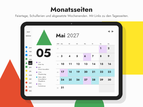Monatsseiten: Feiertage, Schulferien und abgesetzte Wochenenden. Mit Links zu den Tagesseiten.