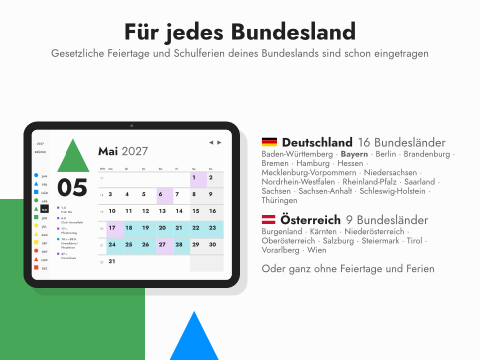 Für jedes Bundesland: Gesetzliche Feiertage und Schulferien deines Bundeslands sind schon eingetragen