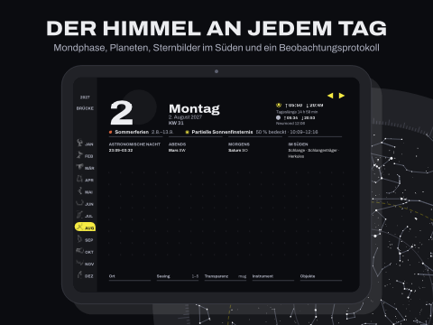 Der Himmel an jedem Tag: Mondphase, Planeten, Sternbilder im Süden und ein Beobachtungsprotokoll
