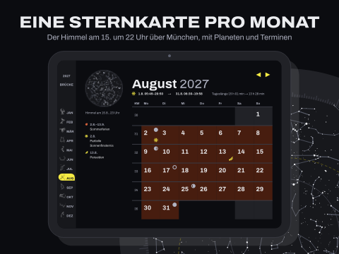 Eine Sternkarte pro Monat: Der Himmel am 15. um 22 Uhr über München, mit Planeten und Terminen