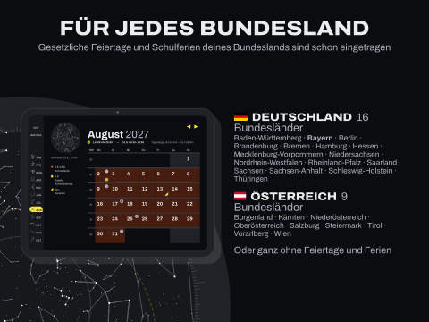 Für jedes Bundesland: Gesetzliche Feiertage und Schulferien deines Bundeslands sind schon eingetragen
