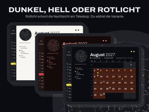 Dunkel, Hell oder Rotlicht: Rotlicht schont die Nachtsicht am Teleskop. Du wählst die Variante.