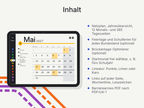 Inhalt: Netzplan, Jahresübersicht, 12 Monats- und 365 Tagesseiten; Feiertage und Schulferien für jedes Bundesland (optional); Brückentage-Optimierer (optional); Startmonat frei wählbar, z. B. fürs Schuljahr; Lineatur: Punkte, Linien oder Karo; Links auf jeder Seite, Wochenlinie, Lesezeichen; Barrierearmes PDF nach PDF/UA-1