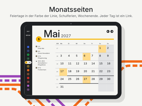 Monatsseiten: Feiertage in der Farbe der Linie, Schulferien, Wochenende. Jeder Tag ist ein Link.
