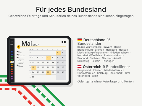 Für jedes Bundesland: Gesetzliche Feiertage und Schulferien deines Bundeslands sind schon eingetragen