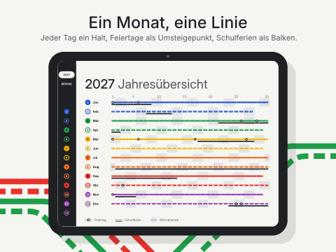 Ein Monat, eine Linie: Jeder Tag ein Halt, Feiertage als Umsteigepunkt, Schulferien als Balken.