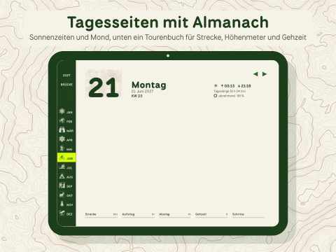 Tagesseiten mit Almanach: Sonnenzeiten und Mond, unten ein Tourenbuch für Strecke, Höhenmeter und Gehzeit