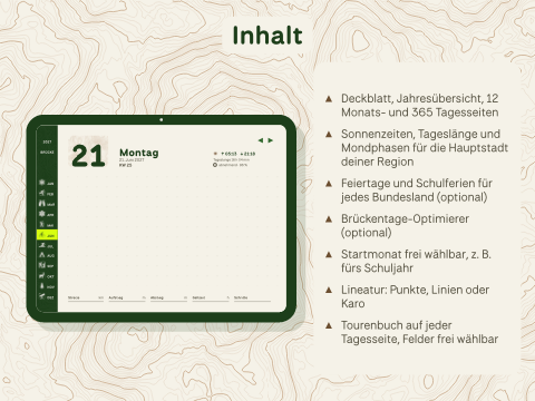 Inhalt: Deckblatt, Jahresübersicht, 12 Monats- und 365 Tagesseiten; Sonnenzeiten, Tageslänge und Mondphasen für die Hauptstadt deiner Region; Feiertage und Schulferien für jedes Bundesland (optional); Brückentage-Optimierer (optional); Startmonat frei wählbar, z. B. fürs Schuljahr; Lineatur: Punkte, Linien oder Karo; Tourenbuch auf jeder Tagesseite, Felder frei wählbar