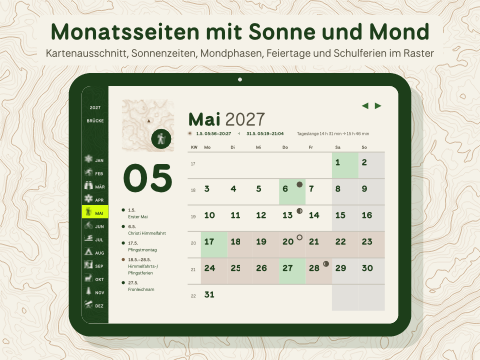 Monatsseiten mit Sonne und Mond: Kartenausschnitt, Sonnenzeiten, Mondphasen, Feiertage und Schulferien im Raster