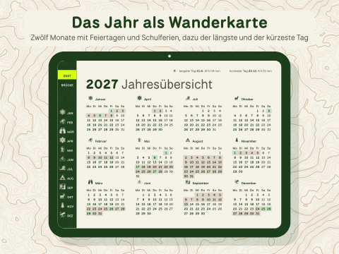 Das Jahr als Wanderkarte: Zwölf Monate mit Feiertagen und Schulferien, dazu der längste und der kürzeste Tag